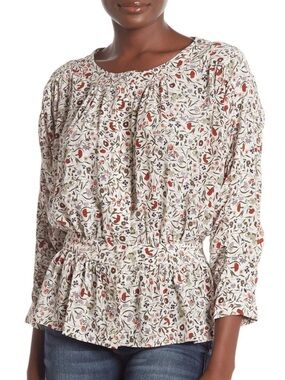 FRAME Floral Peplum Blouse Silk Blend Batwing Sleeve Cream Red XS